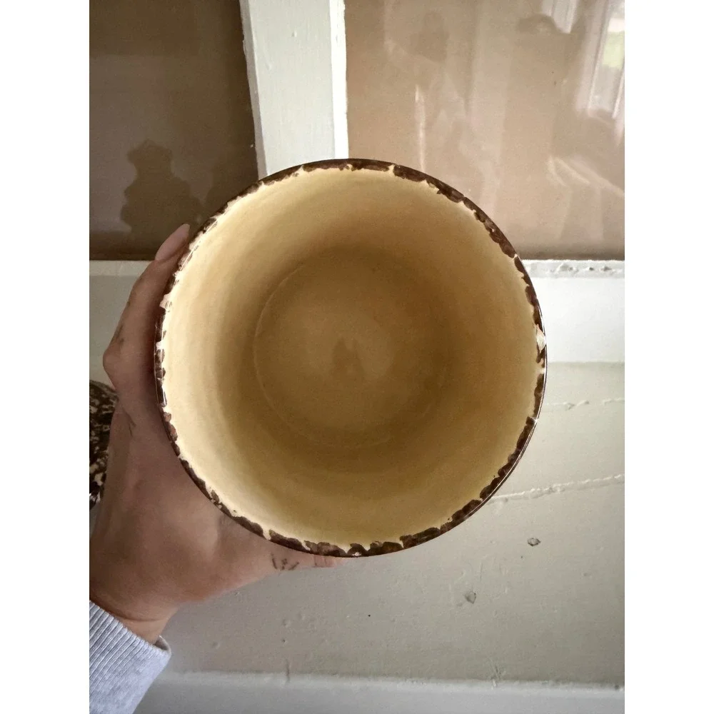 Vintage Brown Spatterware Ceramic Canister with Tiered Finial Lid Farmhouse